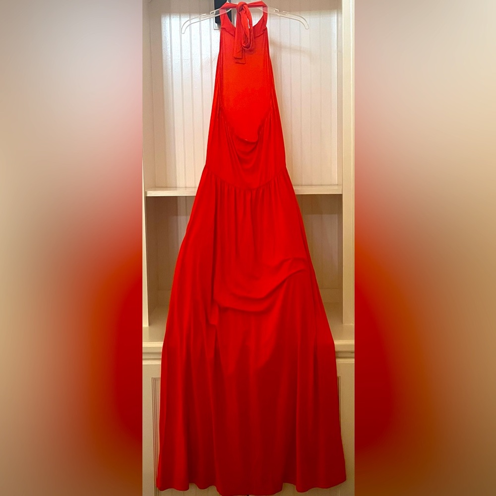 VENUS Bright Tangerine-Colored Halter Maxi Dress w Pockets Ties at Neck Backless - Picture 8 of 14